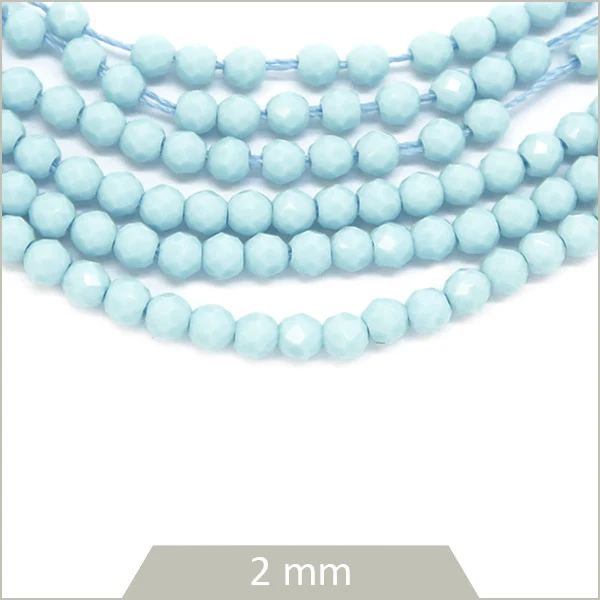 Env. 180 perles de verre rondes à facettes bleu ciel opaque, 2 mm