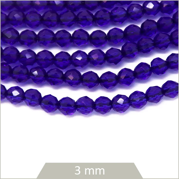 Env. 120 perles de verre rondes à facettes bleu cobalt, 3 mm