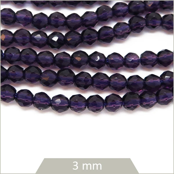 Env. 120 perles de verre rondes à facettes violet foncé, 3 mm
