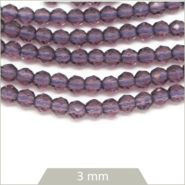 Env. 120 perles de verre rondes à facettes violet, 3 mm