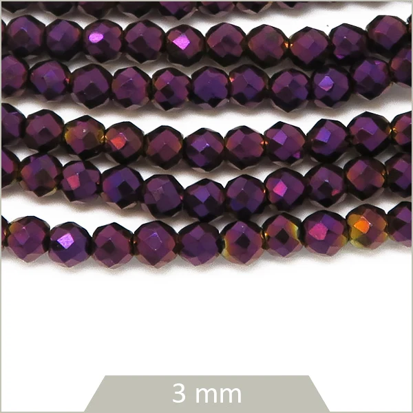 Env. 120 perles de verre rondes à facettes irisé violet, 3 mm