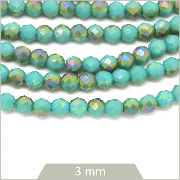 Env. 120 perles de verre rondes à facettes mix turquoise, 3 mm