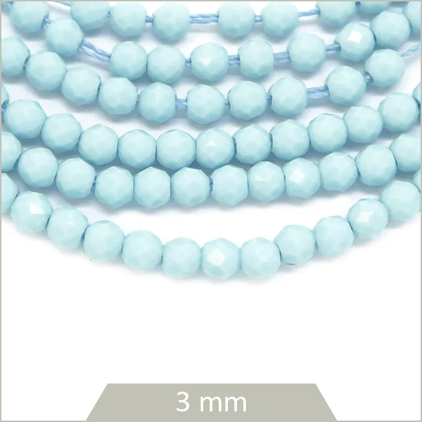 Env. 120 perles de verre rondes à facettes bleu ciel opaque, 3 mm