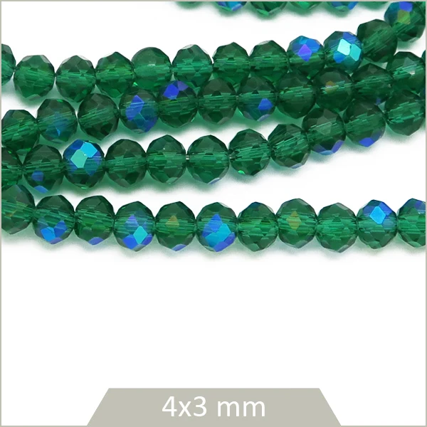 Env. 110 perles de verre à facettes donut emeraude transparent reflets cyan 4x3 mm