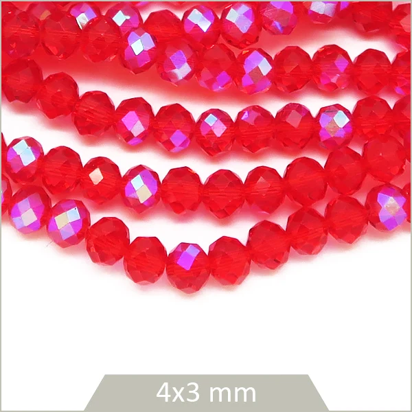 Env. 110 perles de verre à facettes donut rouge transparent 4x3 mm
