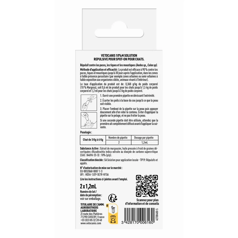 VETOCANIS 10%M Solution répulsive pour spot-on pour chats et chatons
