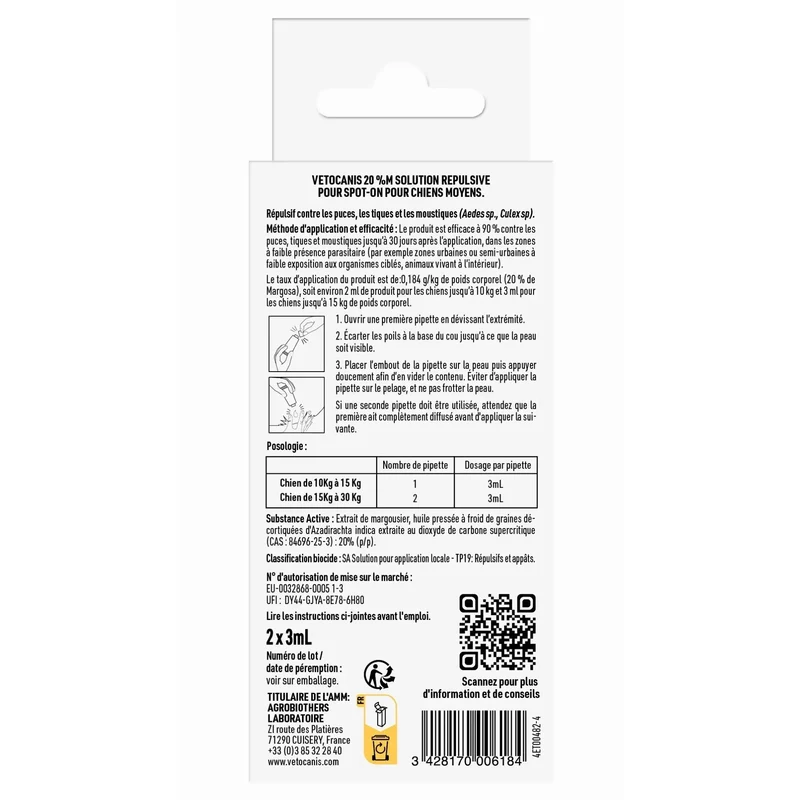 VETOCANIS 20%M Solution répulsive pour spot-on pour chiens