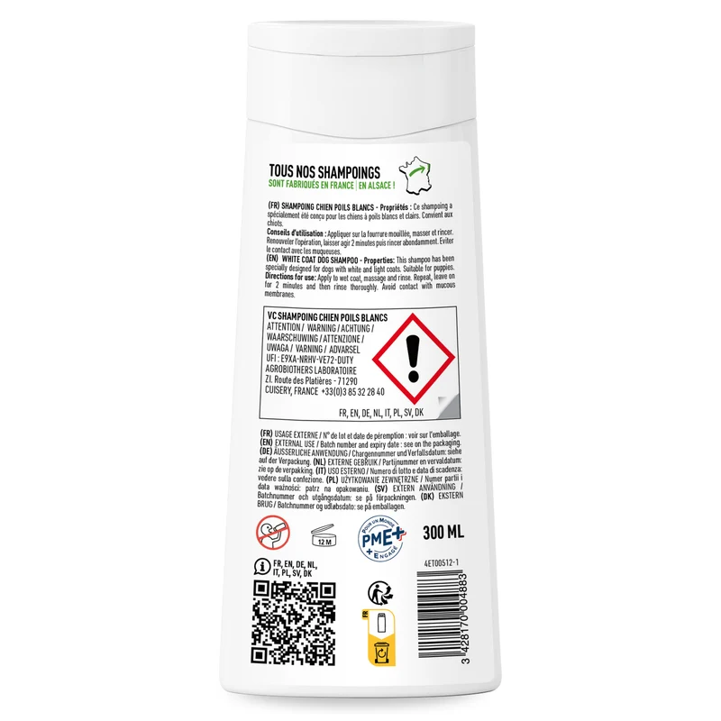 Shampoing Poils Blancs pour Chien, Camomille. 300ml