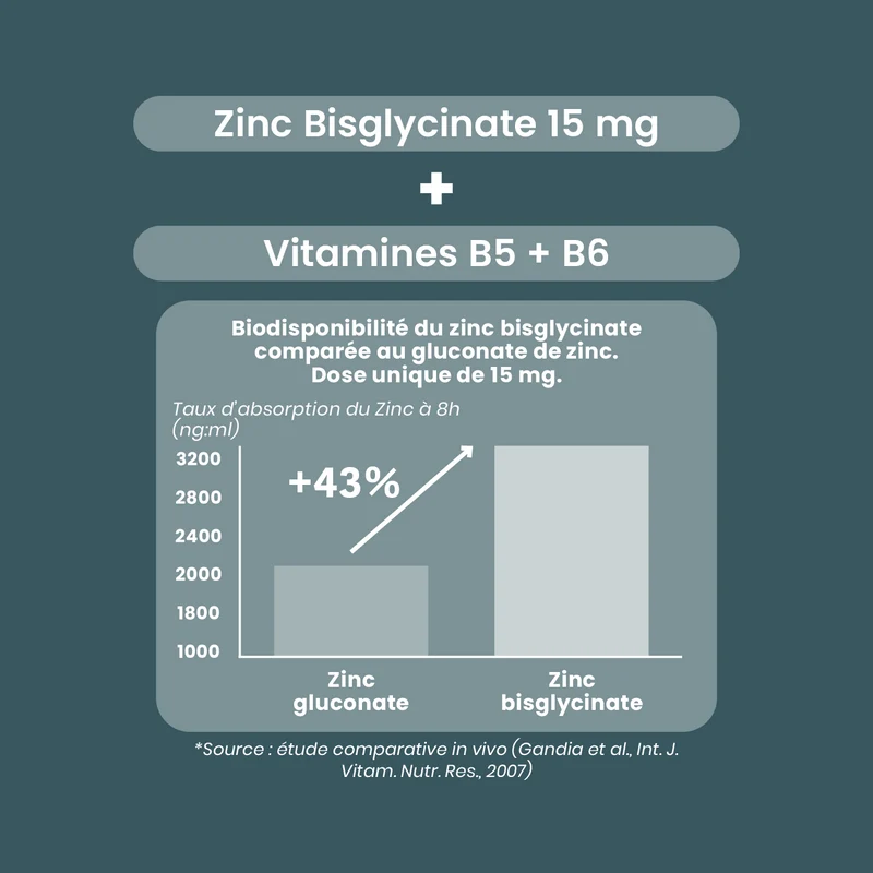Zinc Bisglycinate + 15 mg + Vitamines B5/B6 - 60 Gélules