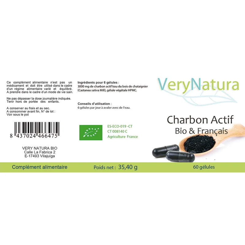 Charbon actif BIO Français en gélules - Digestion & Détox