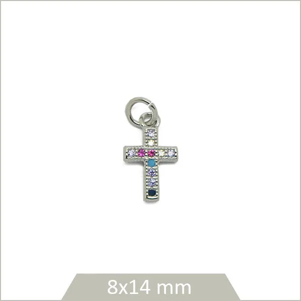 1 breloque croix en acier inoxydable et strass multicolores