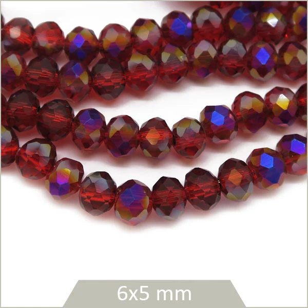 Env. 80 perles de verre à facettes donut rouge grenat transparent 6x5 mm