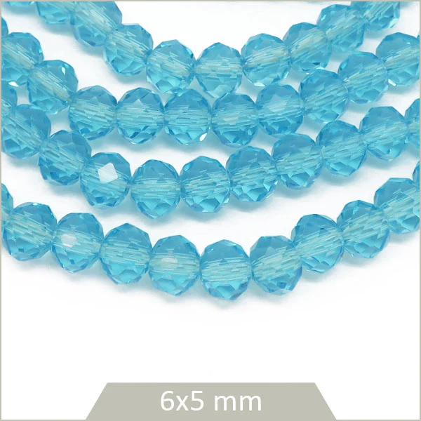 Env. 80 perles de verre à facettes donut bleu cyan transparent 6x5 mm