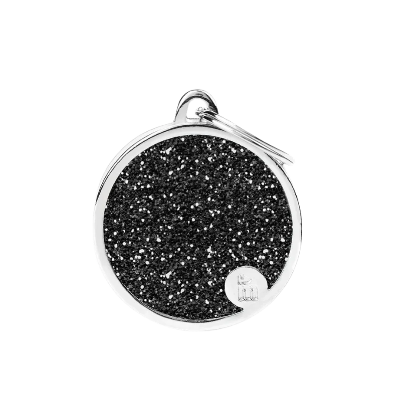 Médaille personnalisée - Cercle noir à paillettes avec contour argenté - Grand (32x37mm)