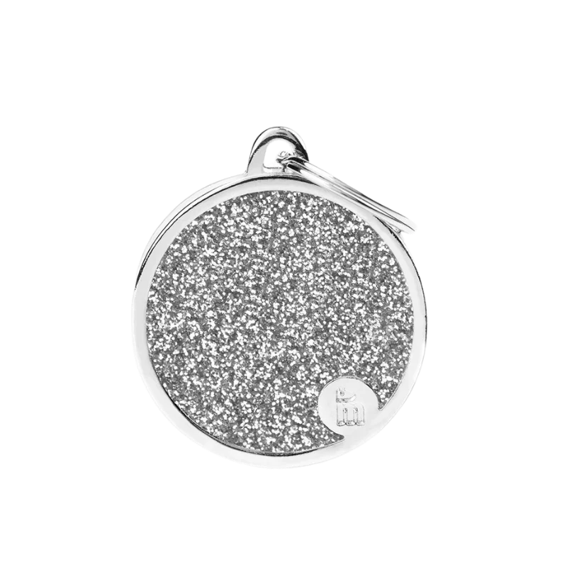 Médaille personnalisée - Cercle gris à paillettes avec contour argenté - Grand (32x37mm)