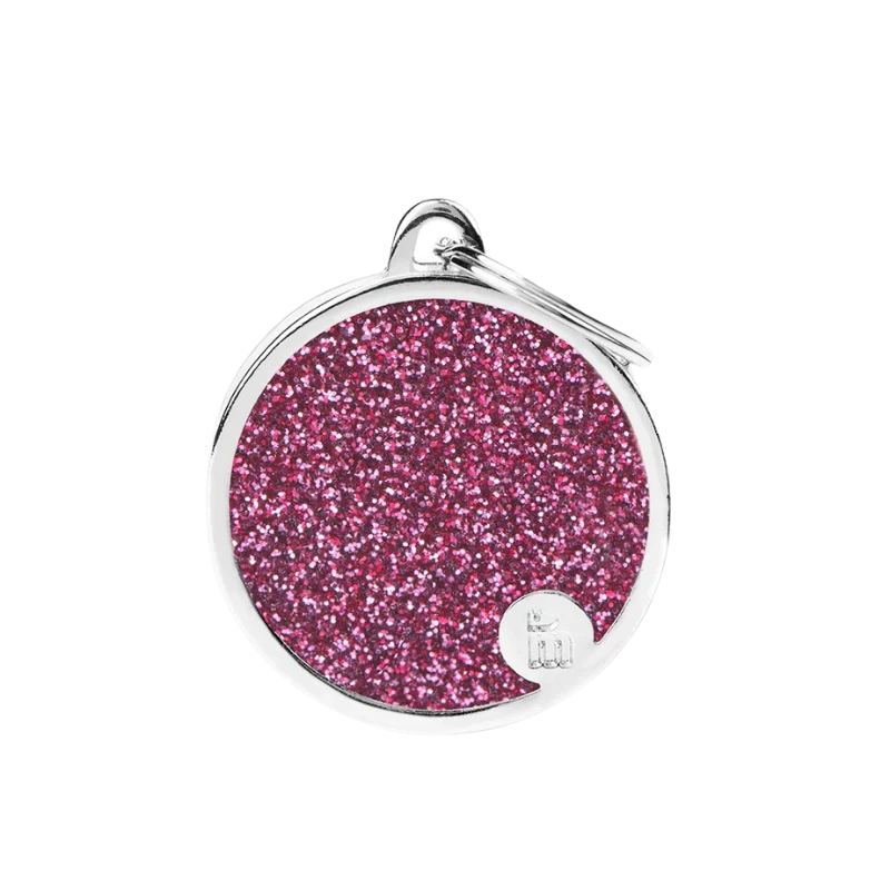 Médaille personnalisée - Cercle rose à paillettes avec contour argenté - Grand (32x37mm)