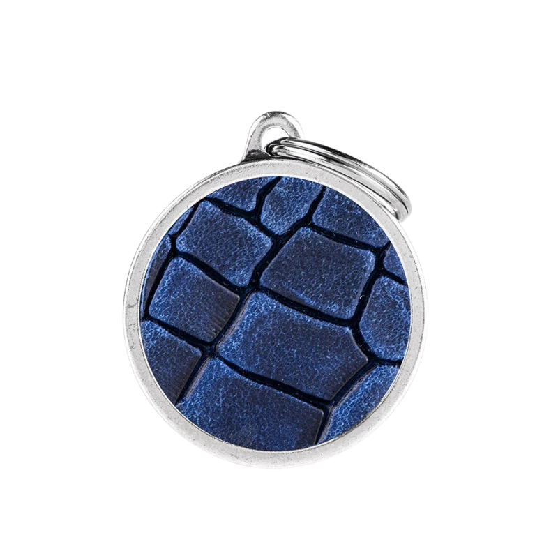Médaille personnalisée - Cercle en cuir véritable bleu - Grand (32x37mm)