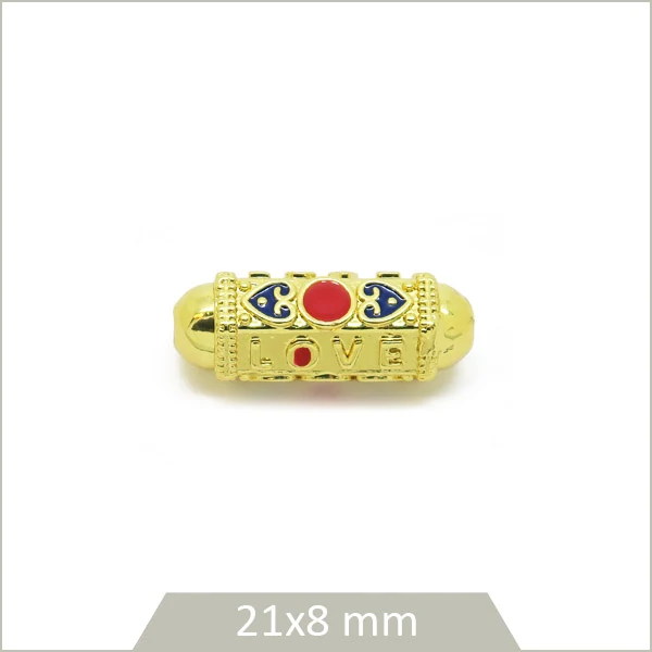 1 perle tube capsule "love" en laiton doré et effet émail coloré