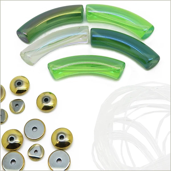 Kit 30 perles tube mix incurvés vert