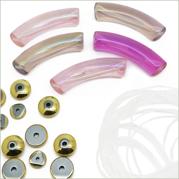 Kit 30 perles tubes incurvés mix rose