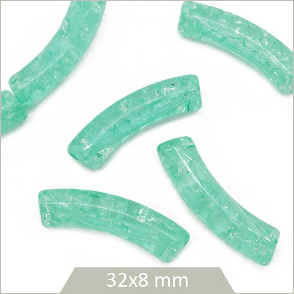 12 perles tubes incurvés turquoise transparent craquelé 8 mm
