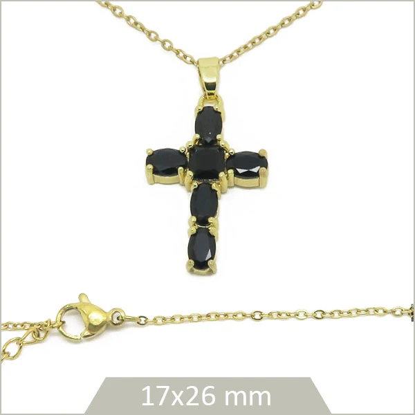 1 collier croix en laiton doré et strass en verre noir