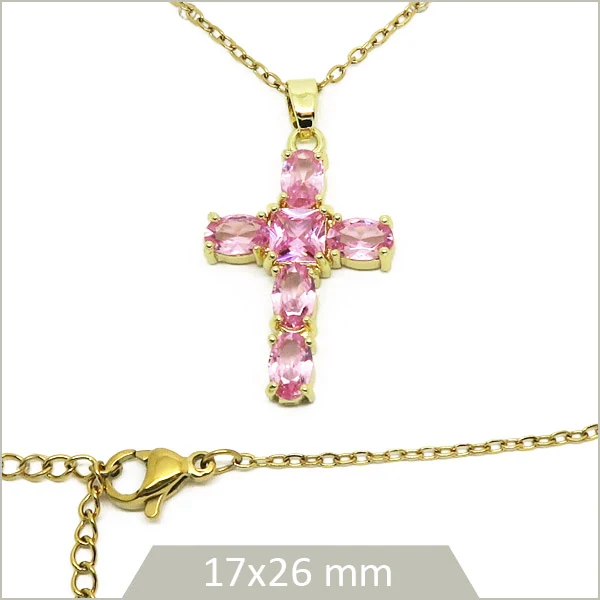 1 collier croix en laiton doré et strass en verre rose