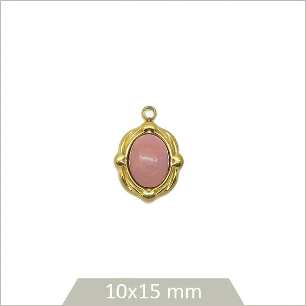 1 médaillon ovale en acier inoxydable 304 doré et cabochon en Rhodonite