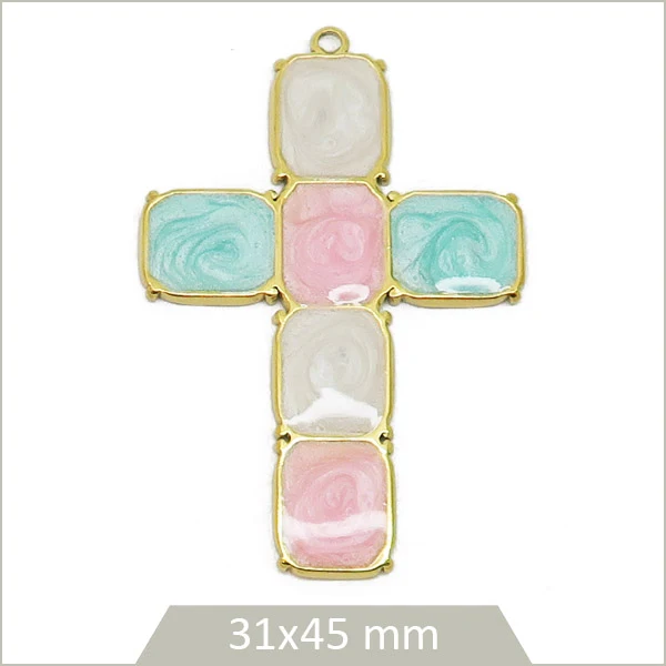 1 grande breloque croix en acier inoxydable doré et effet émail multicolore