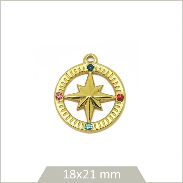 1 médaillon points cardinaux ajouré en acier inoxydable 304 doré et strass multicolores