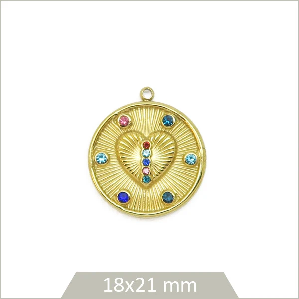 1 médaillon rond motif cœur en acier inoxydable 304 doré et strass multicolores