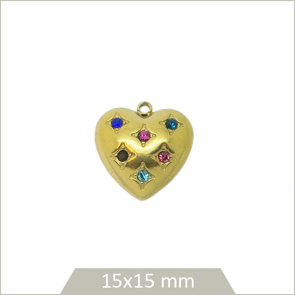 1 breloque cœur en acier inoxydable 304 doré et strass multicolores