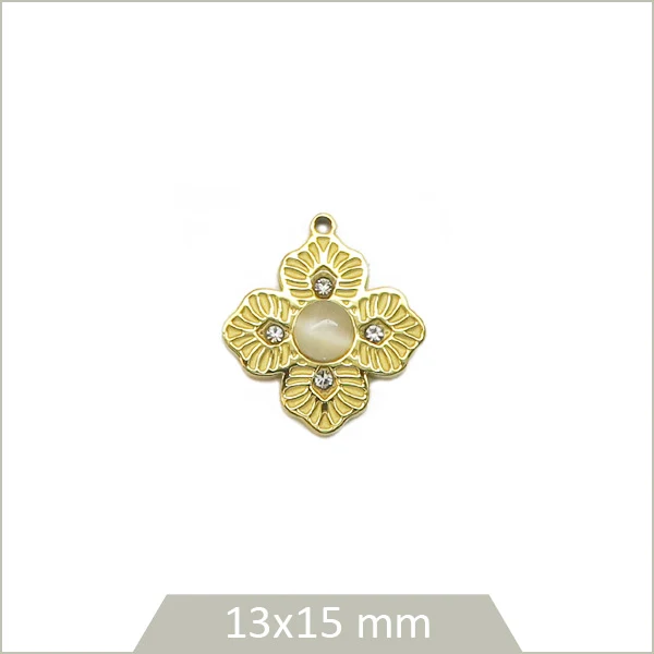 1 breloque fleur perlée en acier inoxydable 304 doré et strass
