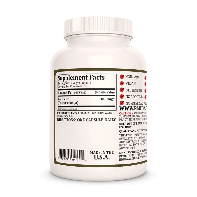 Racine de curcuma d'origine indienne 1000 mg, 60 capsules végétaliennes