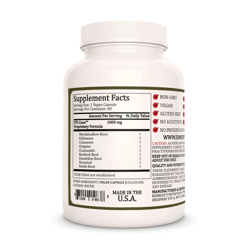 Vitamines UTI Gone™ pour infections urinaires 1000 60 mg, XNUMX capsules végétaliennes