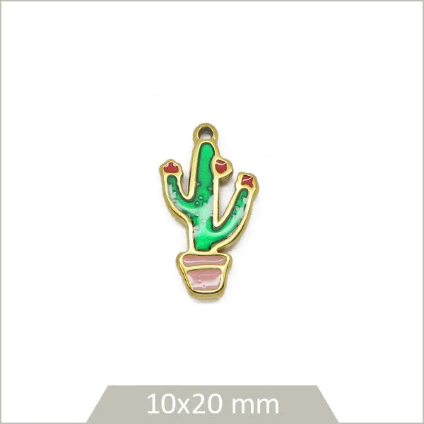 1 breloque cactus en acier inoxydable 304 doré et effet émail coloré