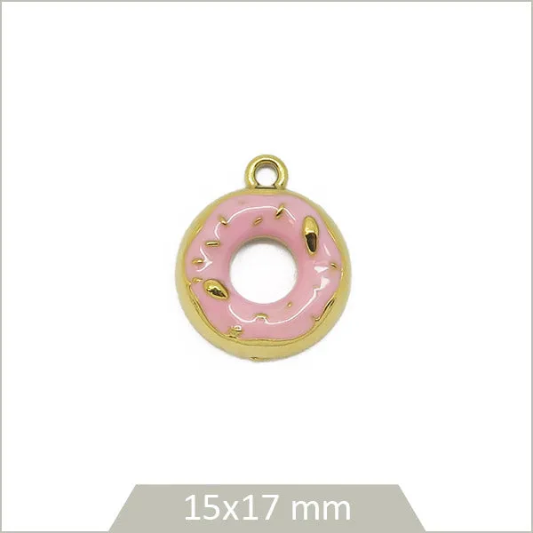 1 breloque donut acier inoxydable 304 doré et effet émail rose