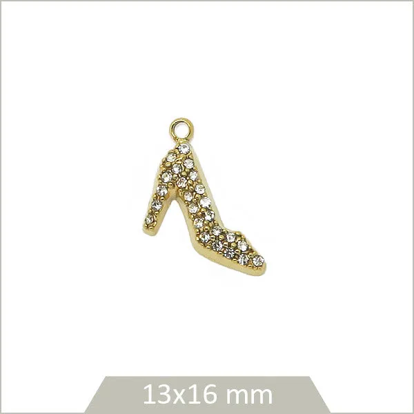 1 breloque escarpin en acier inoxydable 304 doré et strass
