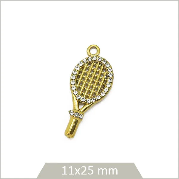 1 breloque raquette en acier inoxydable 304 doré et strass