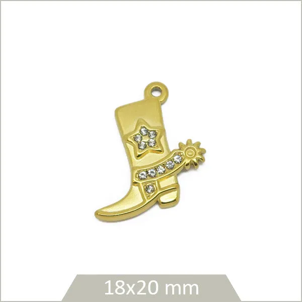 1 breloque santiag en acier inoxydable 304 doré et strass