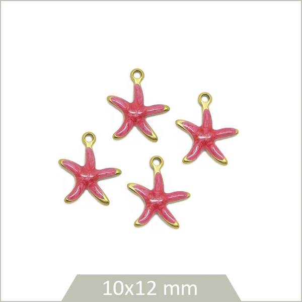 4 breloques étoiles de mer acier inoxydable doré et effet émail rose corail