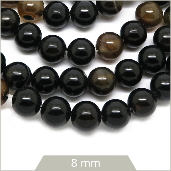 Env. 45 perles rondes en Agate rayée café, 8 mm
