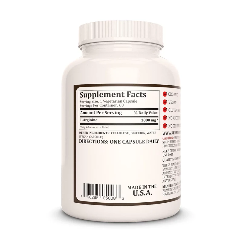 Acide aminé L-Arginine 1000 mg, 60 capsules végétaliennes