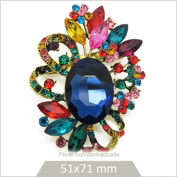 1 grande broche ovale royale alliage doré, cristaux multicolores