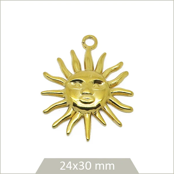 1 breloque soleil motif visage en acier inoxydable doré 304