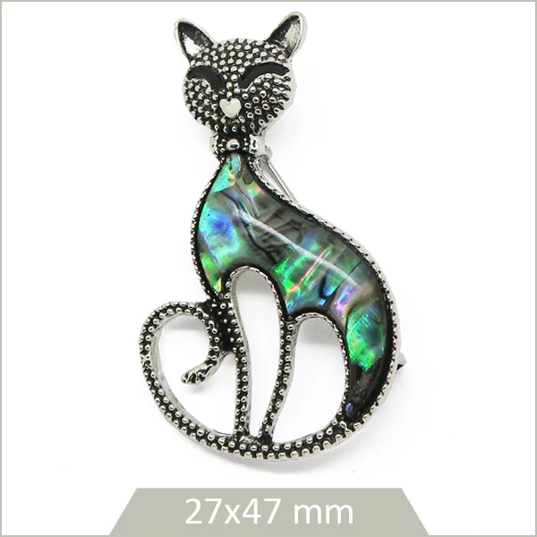 1 broche chat alliage argenté, coquillage d'ormeau