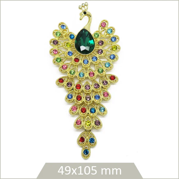 1 grande broche paon alliage doré, strass multicolores