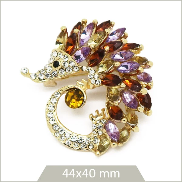 1 broche hérisson alliage doré, cristaux multicolores et strass
