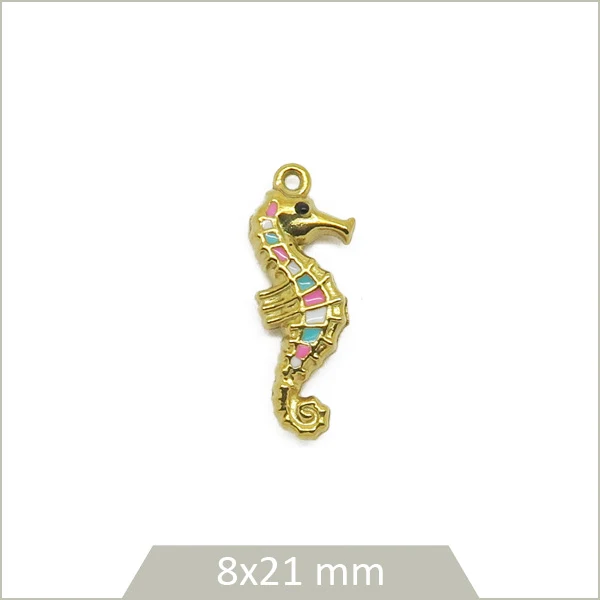 1 breloque hippocampe acier inoxydable 304 plaqué or 18k et effet émail coloré