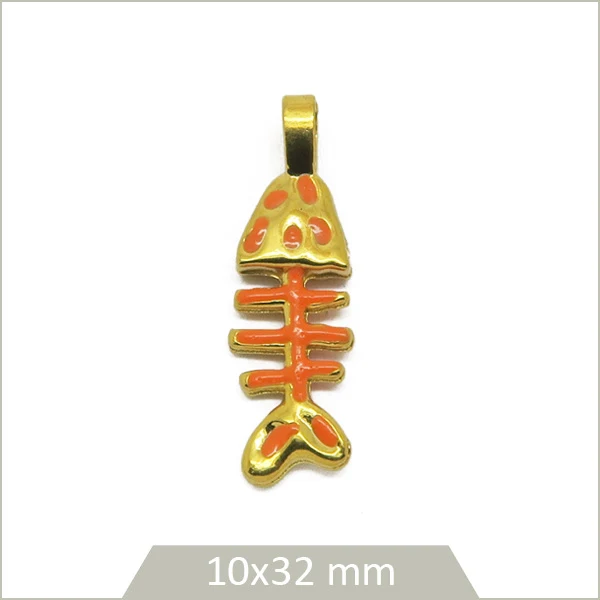 1 breloque arrête de poisson acier inoxydable 304 plaqué or 18k et effet émail orange